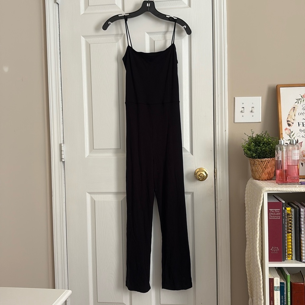 Reformation Jeans Black Kelsi Ribbed Spaghetti Strap Jumpsuit Size Medium